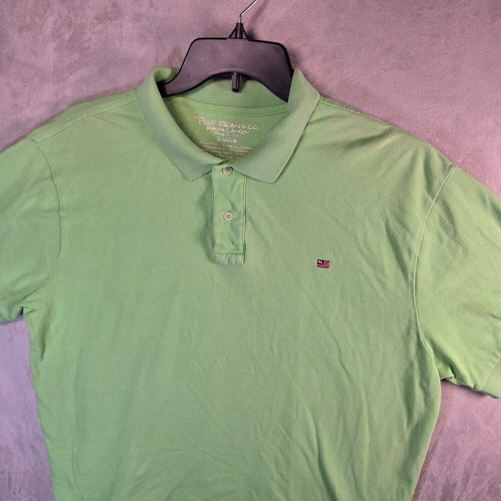 Vtg Polo Jeans Co Ralph Lauren Green Polo Shirt Mens XL Flag Logo USA Pique Y2K